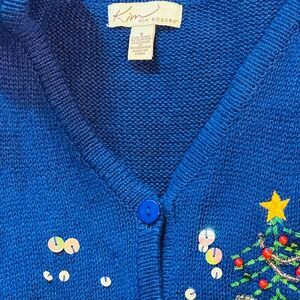 Kim Rogers Christmas Cardigan Sweater, Blue Sequin Snowmen Winter Christmas Tree